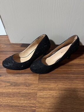 Black Crystal-Embellished Mid Heel Pumps